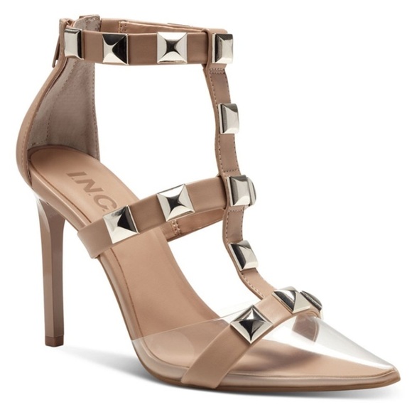 INC International Concepts Clear Pointed Toe Strappy Studs Heel Nude Pumps - Picture 13 of 15